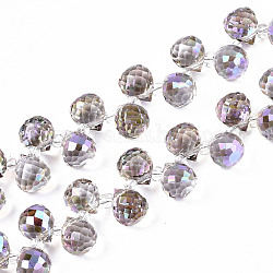 Chapelets de perles en verre transparente  , perles percées, de couleur plaquée ab , larme à facettes, violette, goutte d'eau: 9.5x8mm, Trou: 0.8mm, perles: 3~4x2.5~3.5 mm, Environ 100 pcs/chapelet, 23.62 pouce (60 cm)