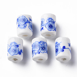 Abalorios de porcelana hechas a mano, famille estilo rosa, columna con diseño de flores, azul real, 12.5x8.5mm, agujero: 3 mm