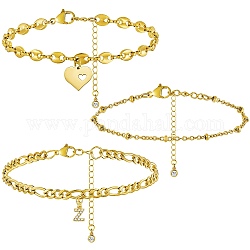 Anklets Sets, with Brass Micro Pave Cubic Zirconia Charms, 304 Stainless Steel Chain Extender & Figaro Chains & Pendant  & Lobster Claw Clasps & Cable Chains & Coffee Bean Chains, Letter.Z, 8x5x1.5mm, 8-1/2 inch(21.5cm), 3pcs/set