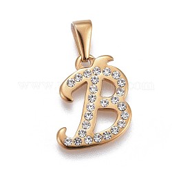 304 Stainless Steel Pendants, with Rhinestone, Letter, Letter.B, 21x16x2mm, Hole: 3~3.5x7.5~8mm