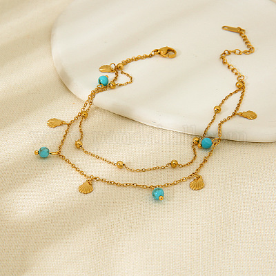 Синтетическая бирюза круглая и из нержавеющей стали 304 в форме ракушки двухслойные браслеты для женщин FS-WG7A7AF-01-1