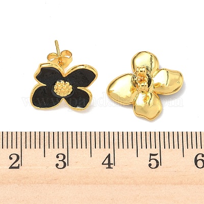 Цветок латунь эмаль серьги стержня&nbsp;EJEW-P341-03G-1