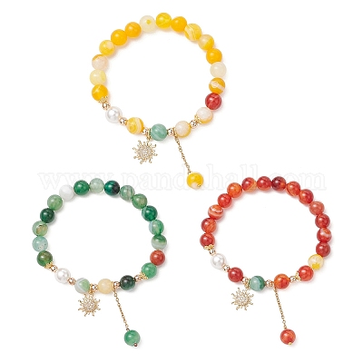 3шт. браслеты из круглых бусин из натурального полосатого агата BJEW-JB11924-1