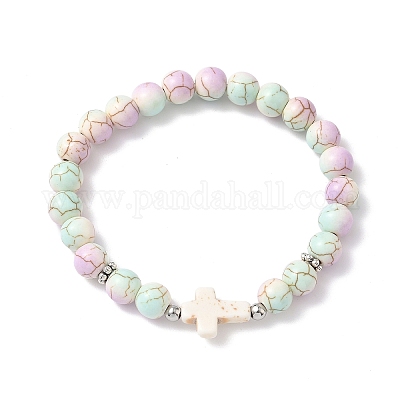 Браслеты из синтетических бирюзовых бусин круглой и крестообразной формы с запекаемой краской для мужчин и женщин BJEW-JB12339-02-1