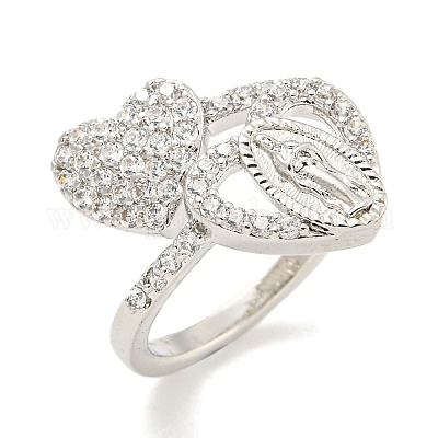 Кольцо-манжета из латуни с микро-паве и цирконием в форме сердца и Девы Марии для женщин RJEW-F162-11P-1