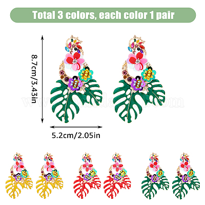 3 пара двухцветных сережек-гвоздиков с подвесками в виде цветов и листьев со стразами EJEW-FI0003-21-1