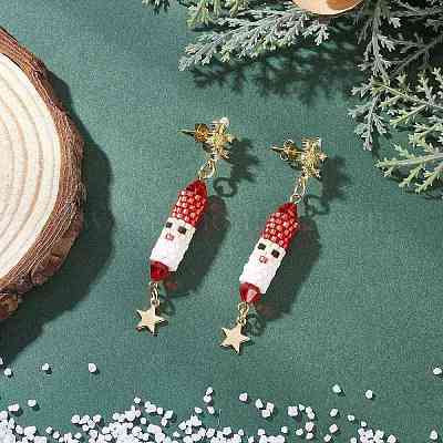Серьги-гвоздики с подвесками из латуни с прозрачным кубическим цирконием на рождественскую тематику EJEW-MZ00552-01-1