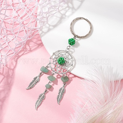 Брелки из плетеной сетки/паутины с перьевым сплавом и смешанными драгоценными камнями и стеклянными семенами KEYC-MZ00041-1