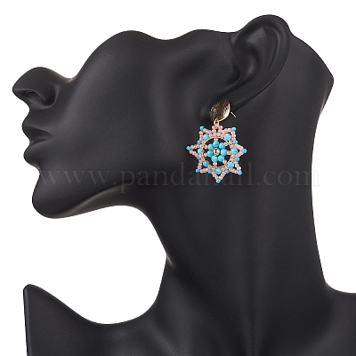 Серьги-гвоздики с цветком из стеклянных бусин ручной работы EJEW-MZ00570-02-1