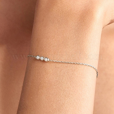 S925 браслеты из стерлингового серебра с плоскими круглыми звеньями и прозрачным кубическим цирконием PB1196-2-1