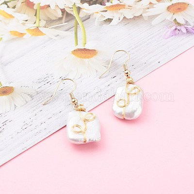 Серьги с подвесками из натурального жемчуга в стиле барокко кеши с жемчугом в проволочной обмотке EJEW-JE04506-01-1