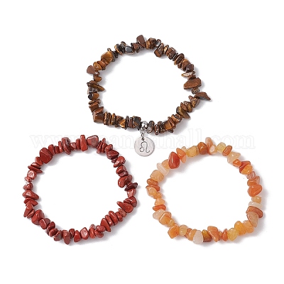 3 шт. 3 стиля натуральный красный авантюрин и красная яшма и тигровый глаз чипсы эластичные браслеты наборы BJEW-JB11076-07-1