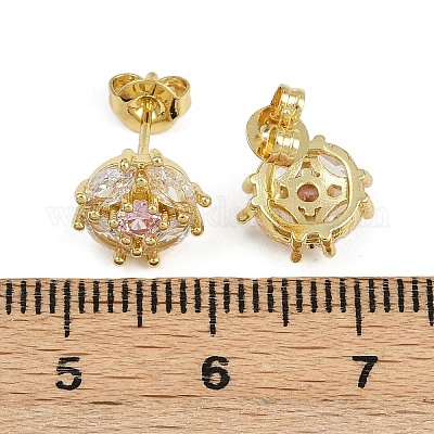 Латунные плоские круглые серьги-гвоздики с микропаве из прозрачных кубических цирконий EJEW-L101-01G-1