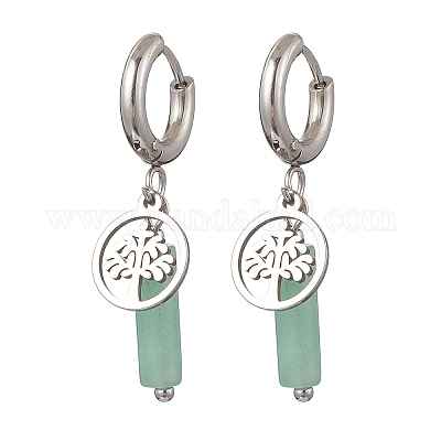 Серьги-кольца из нержавеющей стали 304 с зеленым авантюрином EJEW-JE06791-01-1