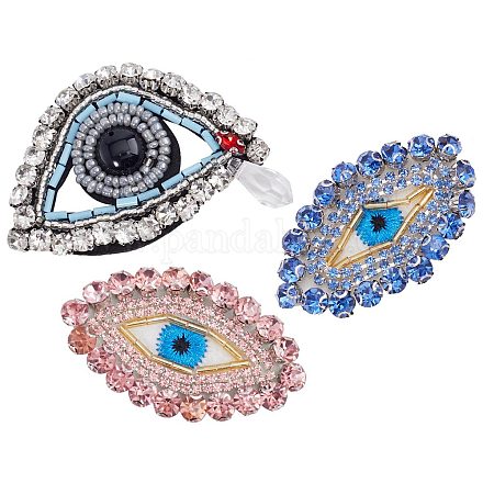 Gorgecraft 3 styles yeux strass cristal patchs bleu rose oeil perles patch larme pendentif broche badge brodé à coudre sur vêtements sacs jeans sacs à main applique pour réparer et décorer PATC-GF0001-03-1