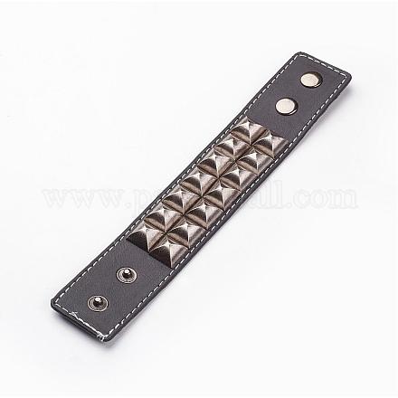 パンクロックな牛革レザーリベットブレスレット  真鍮パーツ  マットなスタイル  ブラック  220x38x2mm(8-5/8インチ×1-1/2インチ) BJEW-D438-11-1