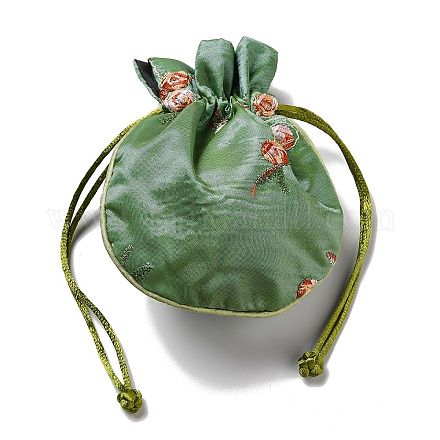 中国の錦のパッキングポーチ  巾着袋  裏地ランダムカラー  花模様の正方形  ミディアムアクアマリン  14x11.7x0.2cm ABAG-I008-01F-1