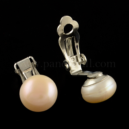 Medio redondo pendientes de clip-en perlas naturales EJEW-R106-02-1