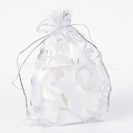 ハートプリントオーガンジーバッグ巾着袋  ギフトバッグ  長方形  ホワイト  14x10cm X-OP-R022-10x15-03-1