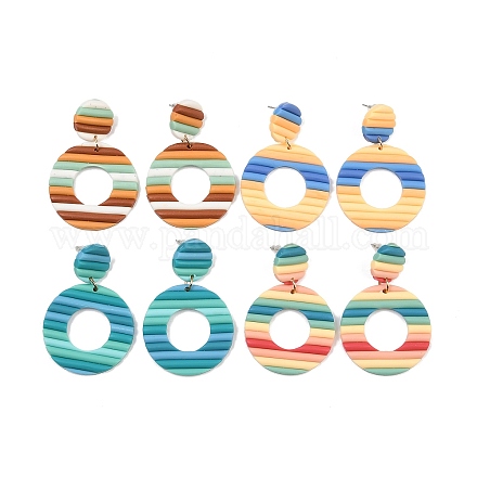 4 пара двухцветных сережек-гвоздиков в форме пончика из полимерной глины с железными штифтами EJEW-FI0003-02-1