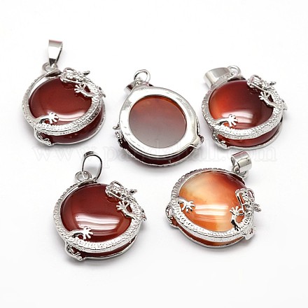Flat Round with Dragon Platinum Tone Brass Natural Red Agate Pendants G-F228-24A-RS-1