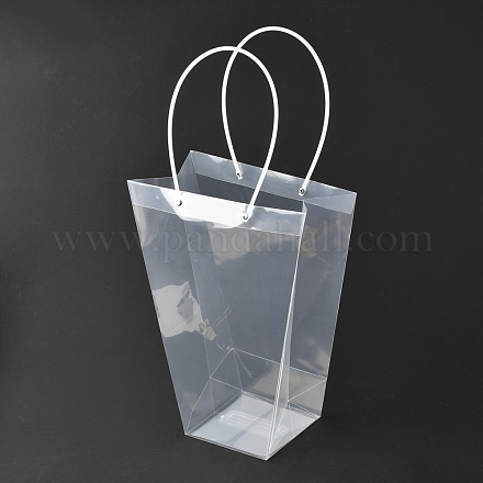 バレンタインデーの台形ppプラスチックギフトバッグ  フラワーブーケバッグ  ハンドル付き  透明  26x13.1x35cm ABAG-L015-01C-1