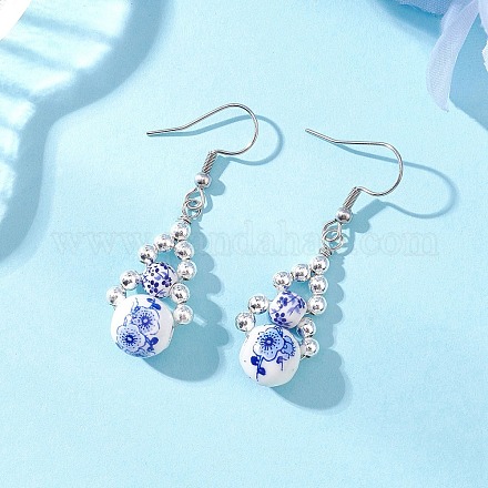 Круглые фарфоровые серьги-подвески ручной работы с цветочным принтом EJEW-JE06795-1