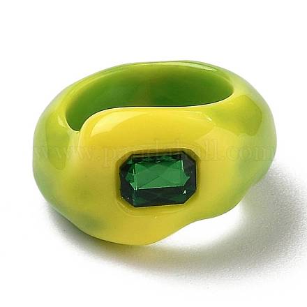 樹脂フィンガー指輪  プラスチックラインストーン付き  長方形  黄緑  usサイズ7 1/4(17.5mm) RJEW-Z007-05B-1