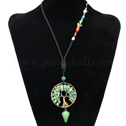 Natural Green Aventurine Chips Tree of Life Pendant Necklace FIND-PW0027-04E-1