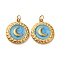 304 Stainless Steel Enamel Pendants, Flat Round with Moon Charm, with Jump Ring, Ion Plating(IP), Real 18K Gold Plated, Deep Sky Blue, 16.5x14x2.5mm, Hole: 2.5mm