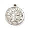 Non-Tarnish 201 Stainless Steel Machine Polishing Pendants, Flat Round with Tree of Life, Stainless Steel Color, 17.5x15x2.5mm, Hole: 1.6mm