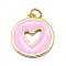 Brass Enamel Pendants, Round with Cut Out Heart, Real 18K Gold Plated, Long-Lasting Plated, Pink, 18x15.5x1mm, Hole: 3mm, Jump rings: 5x0.7mm