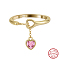 925 Sterling Silver Finger Rings for Women, with Hot Pink Cubic Zirconia Heart Charms, Real 14K Gold Plated, US Size 6(16.5mm)