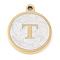 Ion Plating(IP) 201 Stainless Steel Pendants, with White Enamel, Real 18K Gold Plated, Flat Round with Letter, Letter T, 18.5x15.5x2mm, Hole: 1.6mm