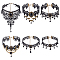 6Pcs 6 Styles Flower Lace Choker Necklaces, with Plastic Tassel and Alloy Chains, Antique Golden, Black, 12.52~14.57 inch(31.8~37cm), 1pc/style