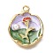 Alloy Enamel Pendants, with ABS Imitation Pearl, Flat Round with Flower, Rack Plating, Long-Lasting Plated, Lead Free & Cadmium Free & Nickel Free, Golden, Red, 23.5x19x5.5mm, Hole: 1.8mm
