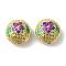 Rack Plating Brass Enamel Beads, Long-Lasting Plated, Cadmium Free & Lead Free, Real 18K Gold Plated, Flat Round with Flower, Magenta, 14x9mm, Hole: 1.5mm