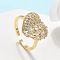 Brass Micro Pave Clear Cubic Zirconia Cuff Rings for Women, Cadmium Free & Lead Free, Heart, Real 16K Gold Plated, Inner Diameter: Adjustable