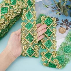 エスニック風刺繍ポリコットンリボン  ガーゼとスパンコール付き  ジャカードリボン  チロリアンリボン  服飾材料  菱形模様  ライムグリーン  2-1/2インチ（62mm）&nbsp;OCOR-WH0066-34C