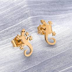 Полые серьги-гвоздики из нержавеющей стали 304 в форме геккона&nbsp;EJEW-G359-04G