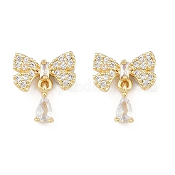 Серьги-гвоздики с бантом из латуни с микропаве из прозрачных кубических цирконий&nbsp;EJEW-F400-14G