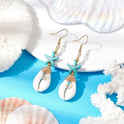 Серьги-подвески из латуни в форме морской звезды с синтетической бирюзой и ракушками каури EJEW-JE06141-01