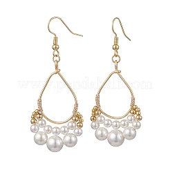 Серьги-подвески из медной проволоки с жемчугом и ракушками.&nbsp;EJEW-JE06902