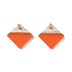 透明樹脂＆ウッドスタッドピアス  304ステンレスピン付き  菱形  サンゴ  17x18mm  ピン：0.7mm&nbsp;EJEW-N017-005A-A02