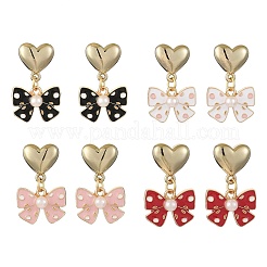 Висячие серьги-гвоздики из сплава с эмалью в форме сердца с бантом&nbsp;EJEW-JE06355