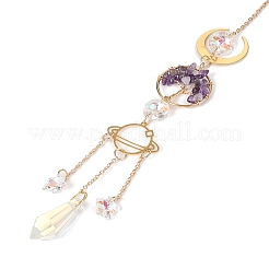 Кольцо с натуральным аметистом в проволочной оплетке и подвеской в виде древа жизни HJEW-K046-05G-06