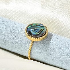 Плоские круглые манжеты из ракушки пауа из нержавеющей стали 304 для женщин&nbsp;RJEW-G346-10G-01