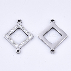 304ステンレススチールリンクコネクター  ラインストーン付き  菱形  ステンレス鋼色  クリスタル  24x19x2mm  穴：1.5mm&nbsp;STAS-N087-13C-P