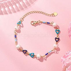 Handgefertigte Armbänder aus Messing und Emaille mit Herzgliedern für Damen&nbsp;BJEW-JB14048