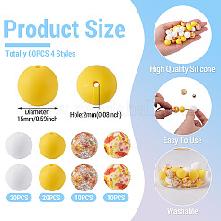 60 Stück 4 Stile Silikonperlen runde Gummiperle 15mm lose Abstandsperlen für DIY-Zubehör Schmuck Schlüsselanhängerherstellung&nbsp;FIND-TA0010-30C